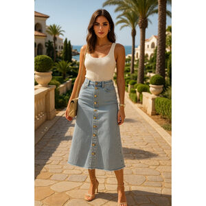 VTG Button Front Denim Skirt Light Wash Raw Hem Y2K Cottagecore Autumn Preppy M